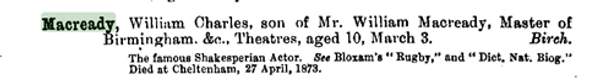 Macready’s entry in Rugby School Register Annotated 1675-1842